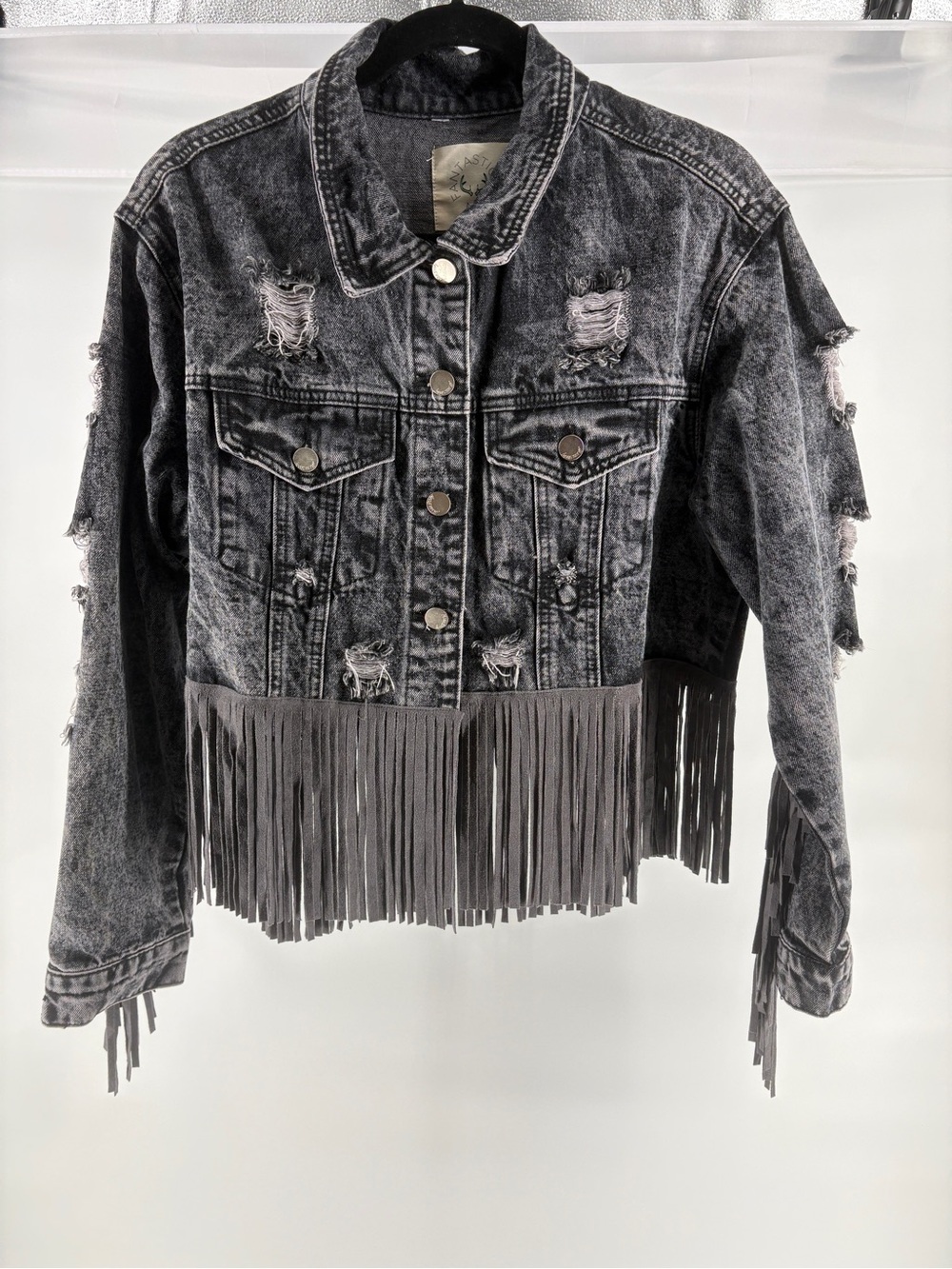 Fantastic Fawn Women’s Distressed Denim Fringe Jacket Gray Cropped Size S NWOT